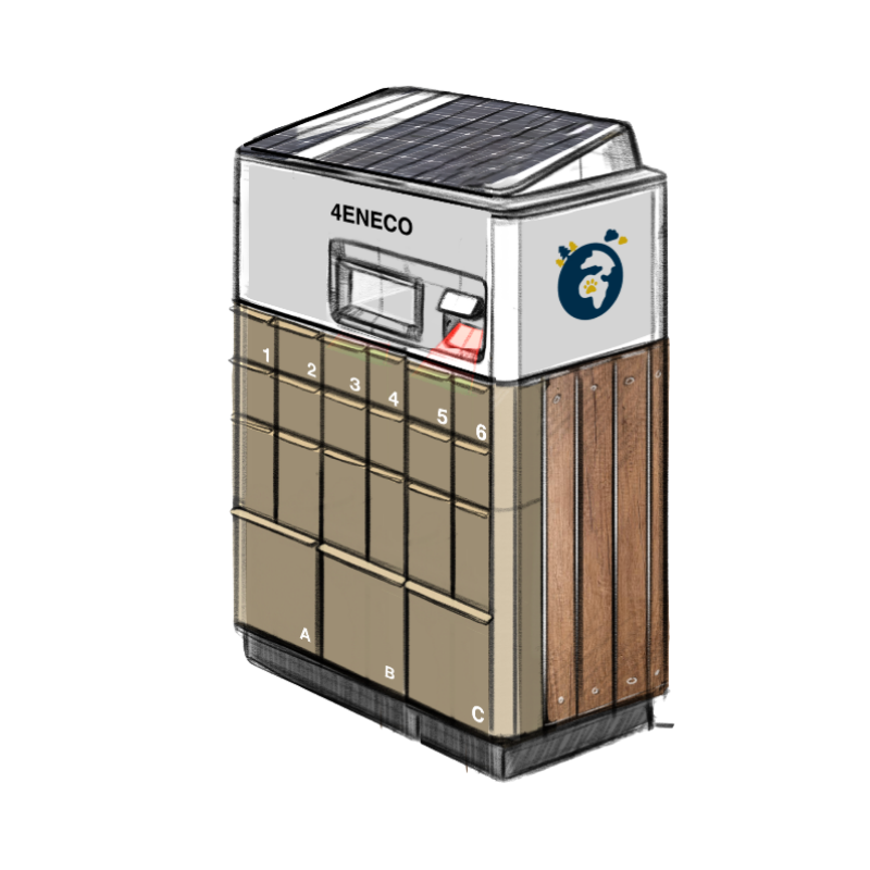 Croquis de la borne multi-flux 4Eneco — compartiments séparés et panneau solaire